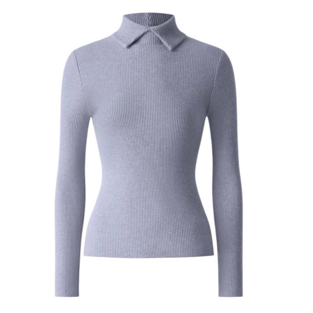 OGL Ribbed Stand Collar Top Medium Heathered Blue Long Sleeve High Neck
